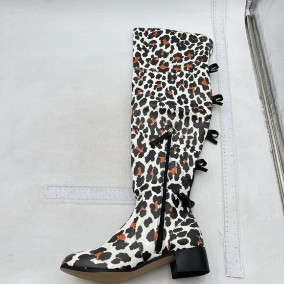 XYD Women Over The Knee Thigh High Leather Boots Chunky Heel Round Toe Leopard - Picture 3 of 8